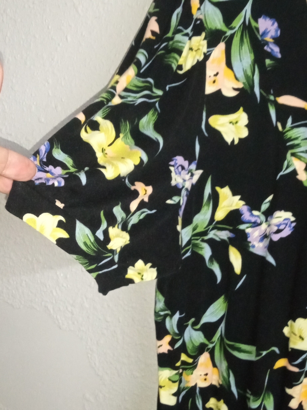 Black Floral Short Sleeve Top with Yellow & Purple Blooms